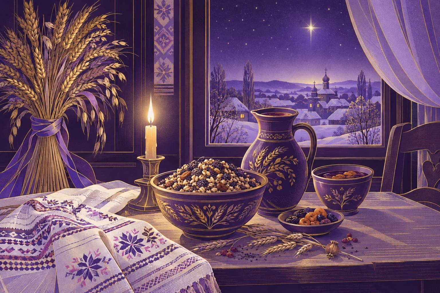Святвечірній стіл при свічках: кутя в глиняній мисці, узвар, дідух у куті, вишитий рушник і перша зоря у вікні