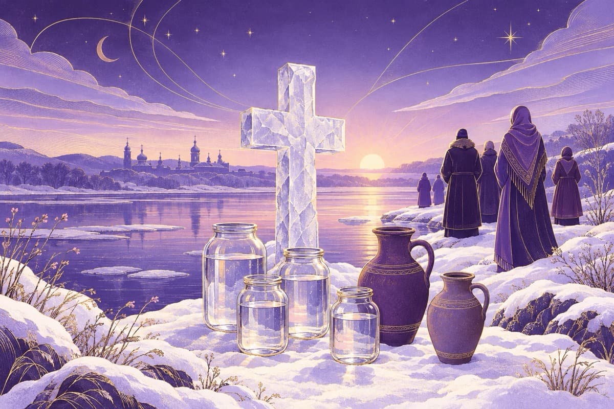 Ряд глечиків і пляшок з водою на снігу біля льодового хреста, люди в теплому одязі на березі
