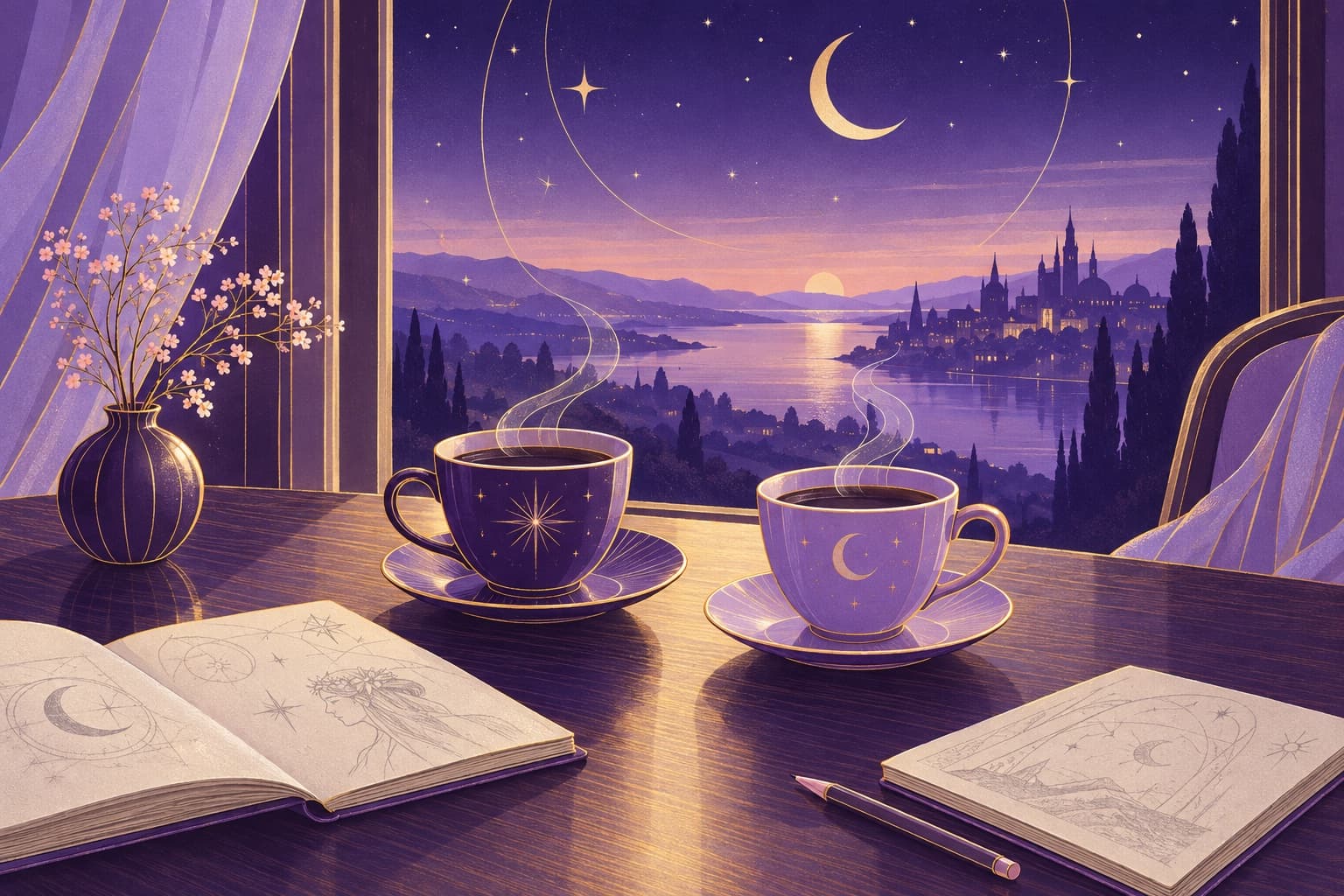 Дві чашки кави на дерев'яному столі біля вікна в сутінках, поруч два блокноти з розмитими олівцевими ескізами, тепле і холодне світло сходяться посередині
